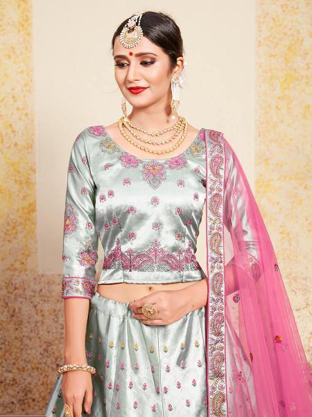 Myra Grey Satin Embroidered Lehenga - Distacart