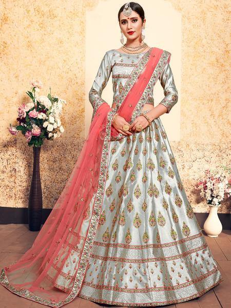 Myra Grey Satin Embroidered Lehenga - Distacart