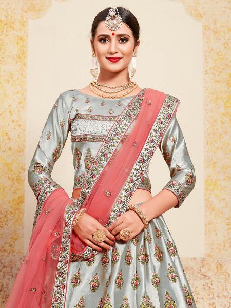 Myra Grey Satin Embroidered Lehenga - Distacart