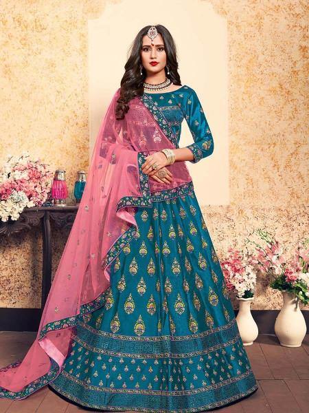 Myra Sky Blue Satin Embroidered Lehenga - Distacart