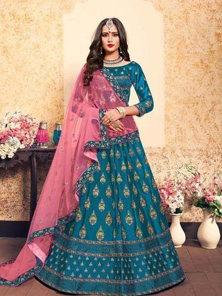 Myra Sky Blue Satin Embroidered Lehenga - Distacart