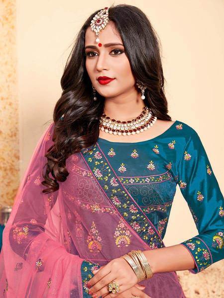 Myra Sky Blue Satin Embroidered Lehenga - Distacart