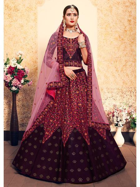 Myra Brown Satin Embroidered Lehenga - Distacart