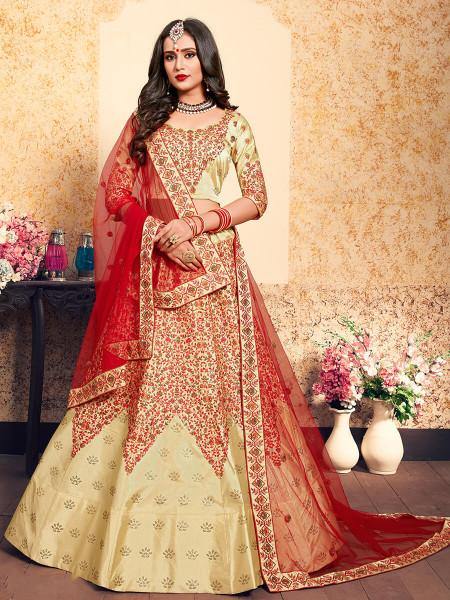 Myra Beige Satin Embroidered Lehenga - Distacart