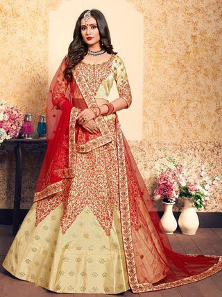 Myra Beige Satin Embroidered Lehenga - Distacart