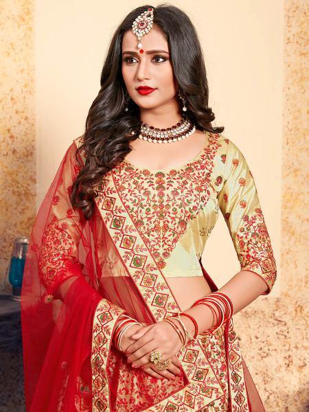 Myra Beige Satin Embroidered Lehenga - Distacart