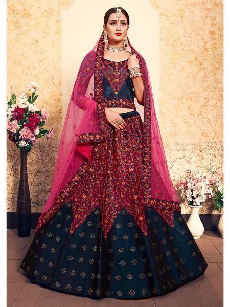 Myra Navy Blue Satin Embroidered Lehenga - Distacart