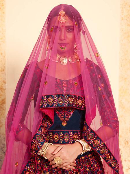 Myra Navy Blue Satin Embroidered Lehenga - Distacart