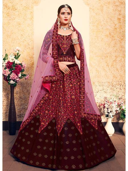 Myra Maroon Satin Embroidered Lehenga - Distacart