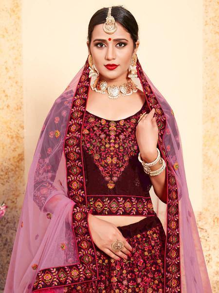 Myra Maroon Satin Embroidered Lehenga - Distacart