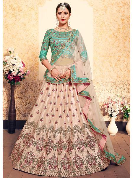 Myra Peach Satin Embroidered Lehenga - Distacart