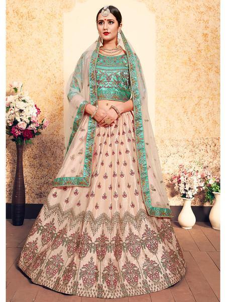 Myra Peach Satin Embroidered Lehenga - Distacart