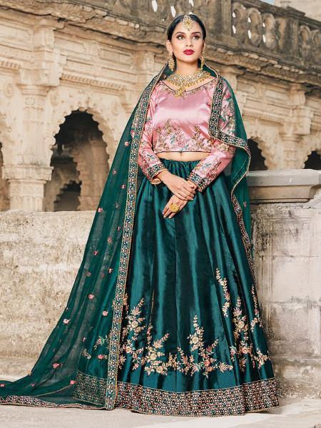 Myra Green Satin Embroidered Lehenga - Distacart