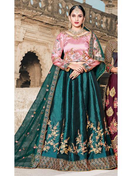 Myra Green Satin Embroidered Lehenga - Distacart