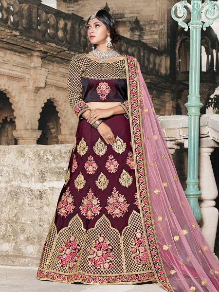 Myra Wine Taffeta Embroidered Lehenga - Distacart