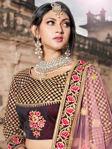 Myra Wine Taffeta Embroidered Lehenga - Distacart