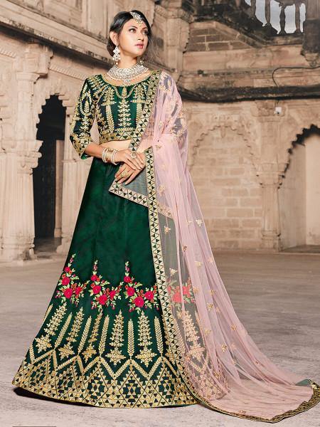 Myra Green Taffeta Embroidered Lehenga - Distacart