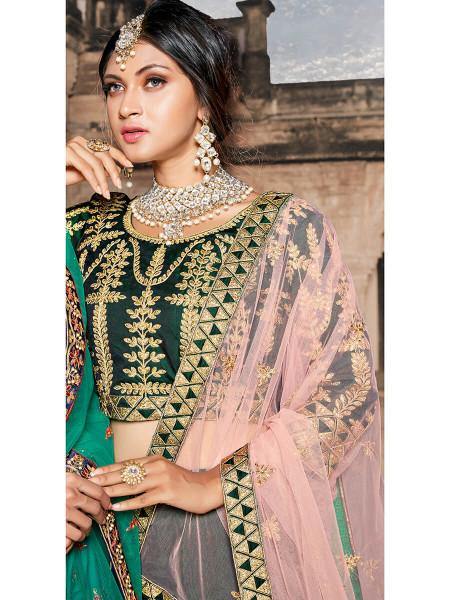Myra Green Taffeta Embroidered Lehenga - Distacart