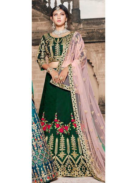 Myra Green Taffeta Embroidered Lehenga - Distacart