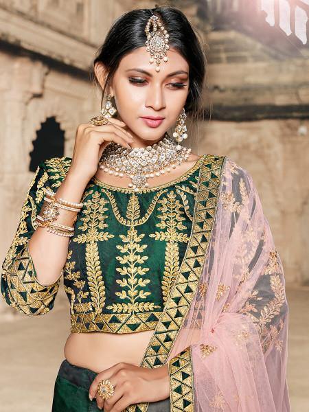 Myra Green Taffeta Embroidered Lehenga - Distacart