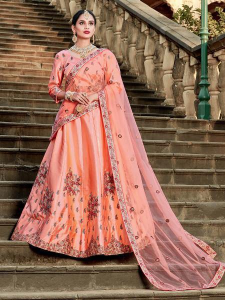 Myra Peach Satin Embroidered Lehenga - Distacart