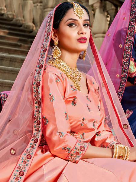 Myra Peach Satin Embroidered Lehenga - Distacart