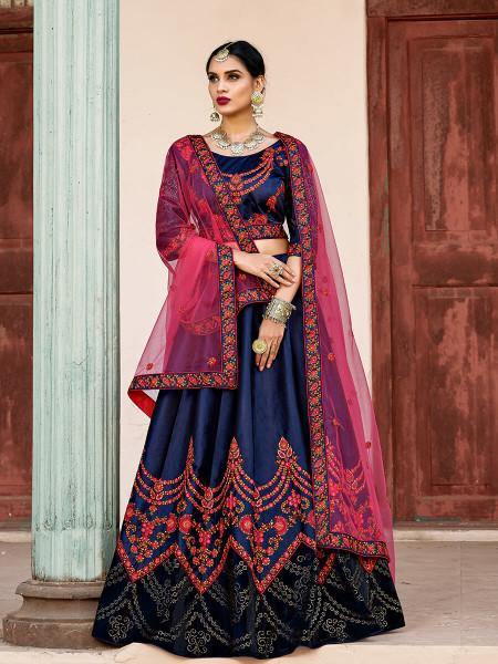 Myra Navy Blue Satin Embroidered Lehenga - Distacart