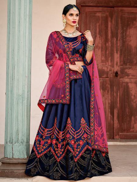 Myra Navy Blue Satin Embroidered Lehenga - Distacart