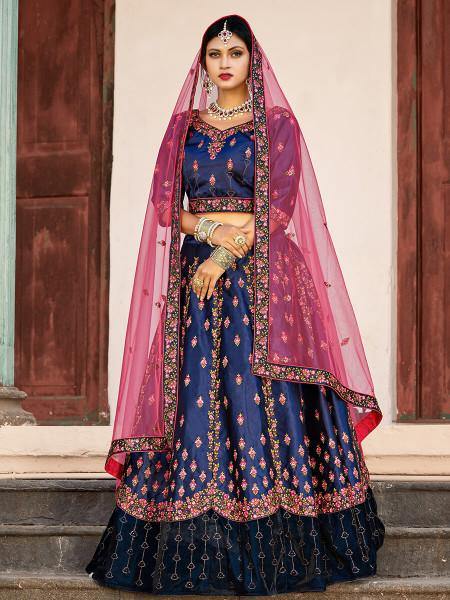Myra Navy Blue Satin Embroidered Lehenga - Distacart