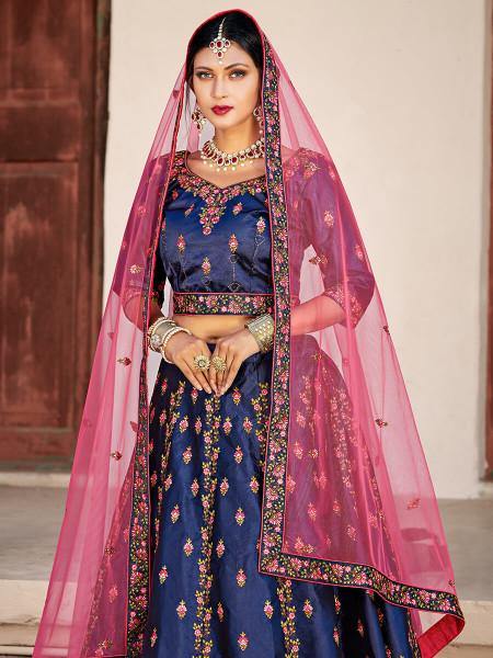 Myra Navy Blue Satin Embroidered Lehenga - Distacart