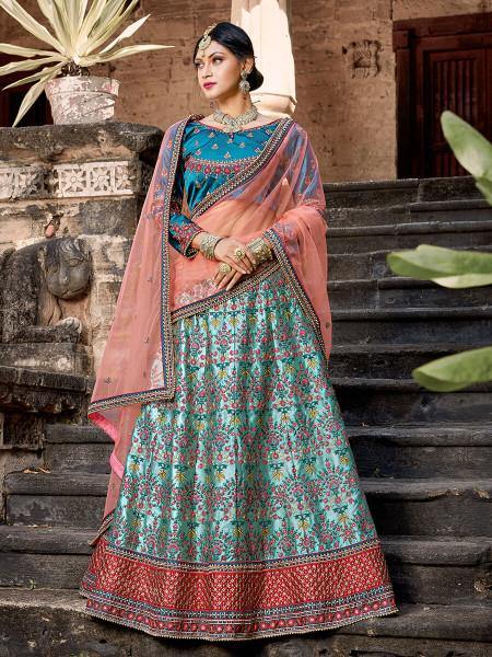Myra Skyblue Satin Embroidered Lehenga - Distacart
