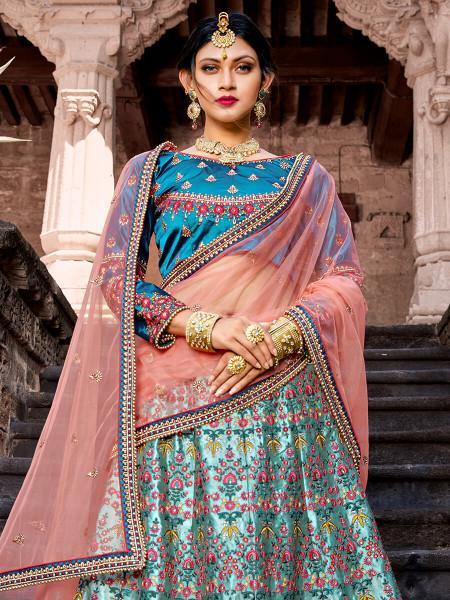 Myra Skyblue Satin Embroidered Lehenga - Distacart