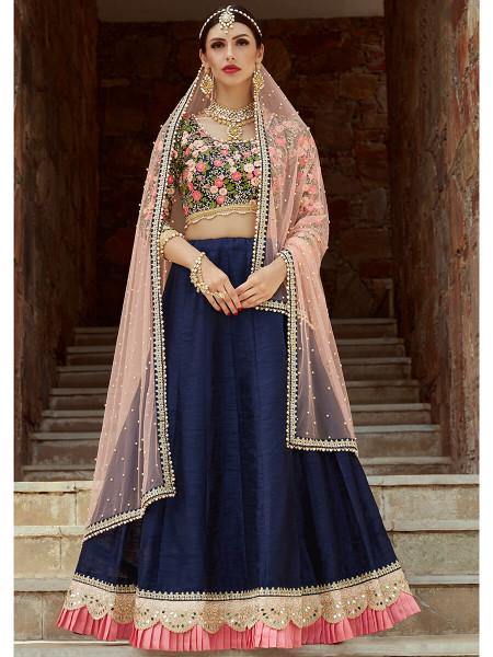 Myra Navy Blue Art Silk Lahanga - Distacart