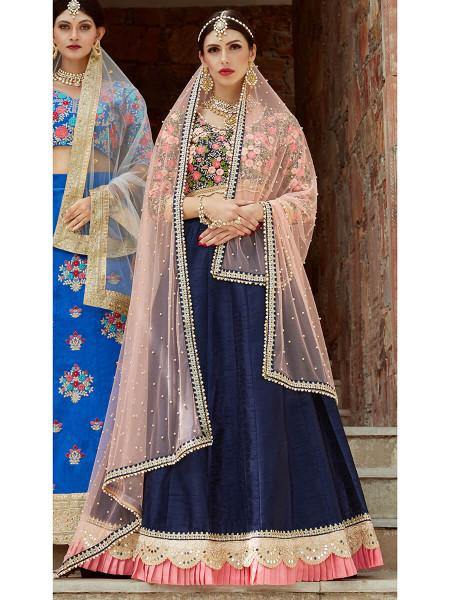 Myra Navy Blue Art Silk Lahanga - Distacart
