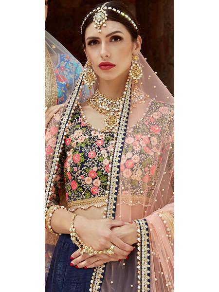Myra Navy Blue Art Silk Lahanga - Distacart
