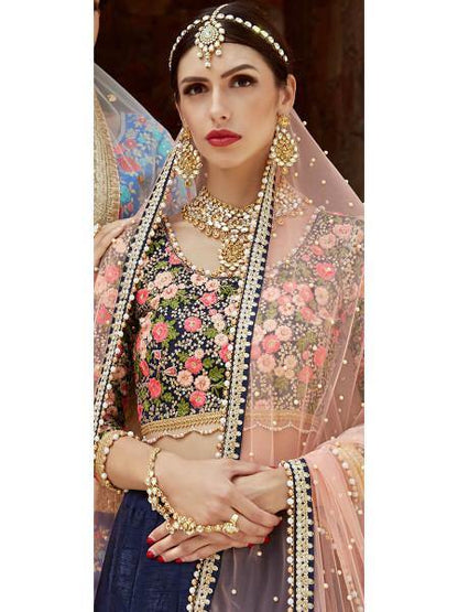 Myra Navy Blue Art Silk Lahanga - Distacart