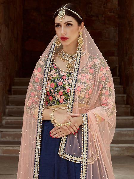 Myra Navy Blue Art Silk Lahanga - Distacart