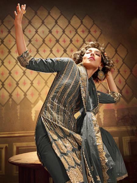 Myra Grey Soft Net Gharara Suit - Distacart
