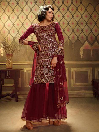 Myra Maroon Soft Net Gharara Suit - Distacart