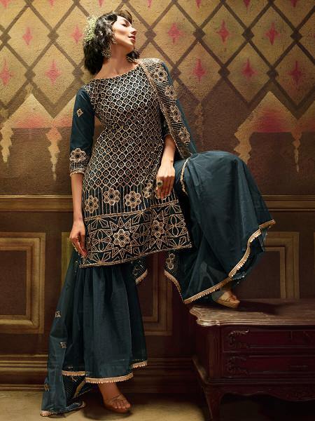 Myra Rama Green Soft Net Gharara Suit - Distacart