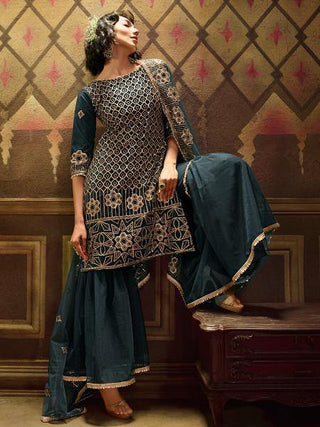 Myra Rama Green Soft Net Gharara Suit - Distacart
