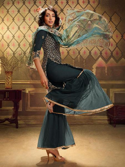 Myra Rama Green Soft Net Gharara Suit - Distacart