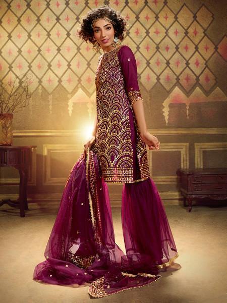 Myra Wine Soft Net Gharara Suit - Distacart