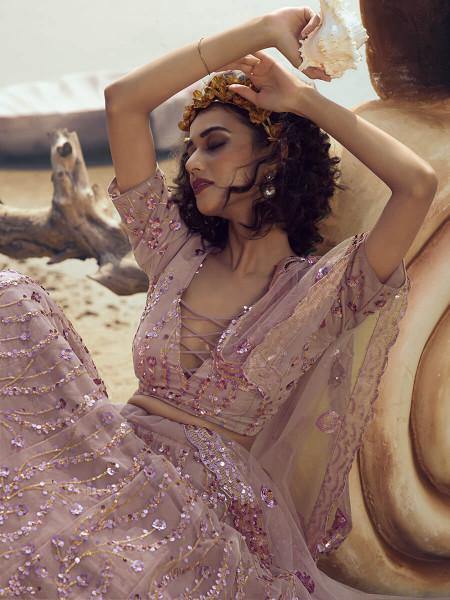 Myra Lilac Embroidered Net Lehenga - Distacart