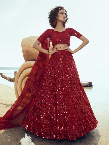 Myra Red Embroidered Net Lehenga - Distacart