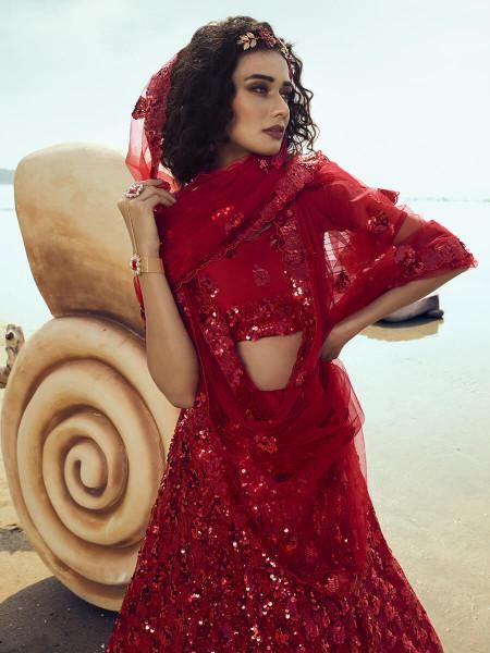 Myra Red Embroidered Net Lehenga - Distacart
