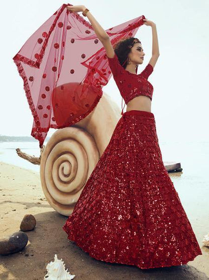 Myra Red Embroidered Net Lehenga - Distacart