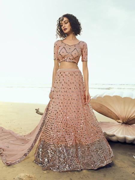 Myra Peach Embroidered Net Lehenga - Distacart