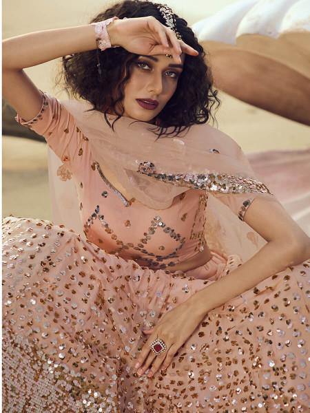 Myra Peach Embroidered Net Lehenga - Distacart