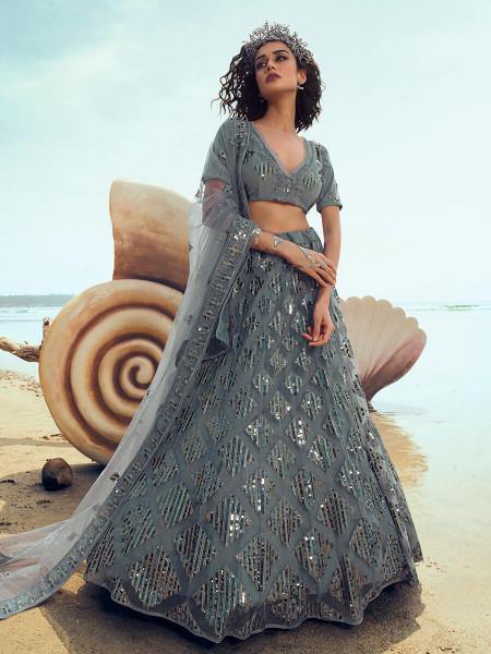 Myra Grey Embroidered Net Lehenga - Distacart